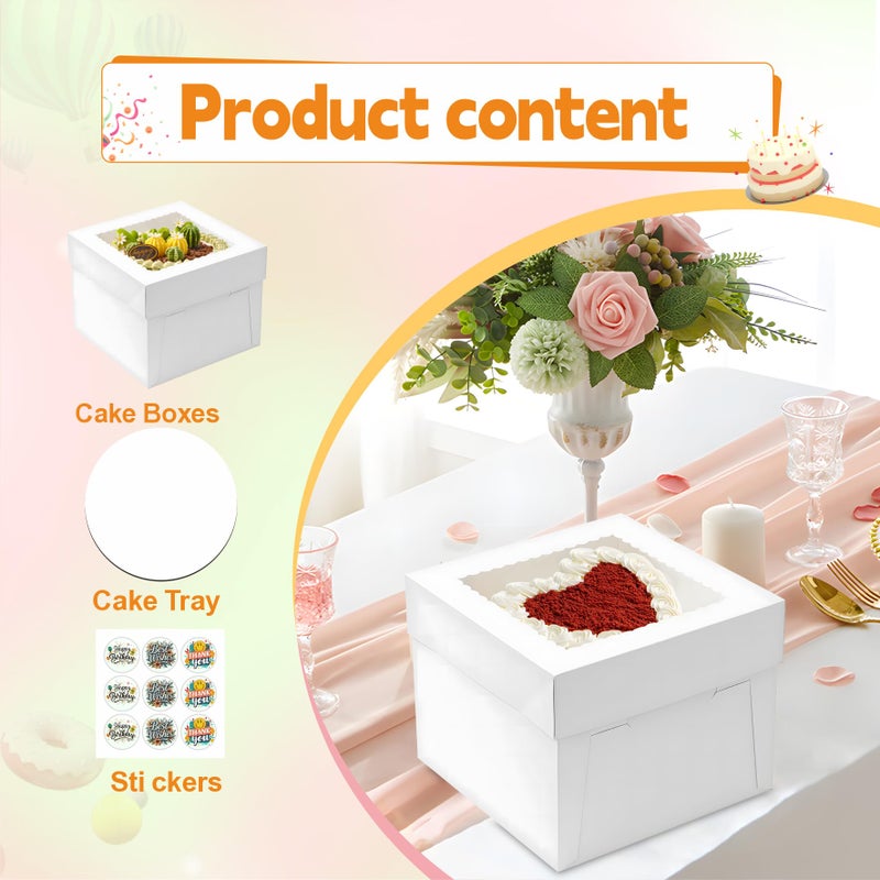 BXIHUR 3pcs Cake Boxes, 10x10x8 Inch Cake Box With Viewing Window and Cake Board and Stickers, Tall Cake Box, Suitable for Birthday, Party, Wedding, Banquet - Image 3